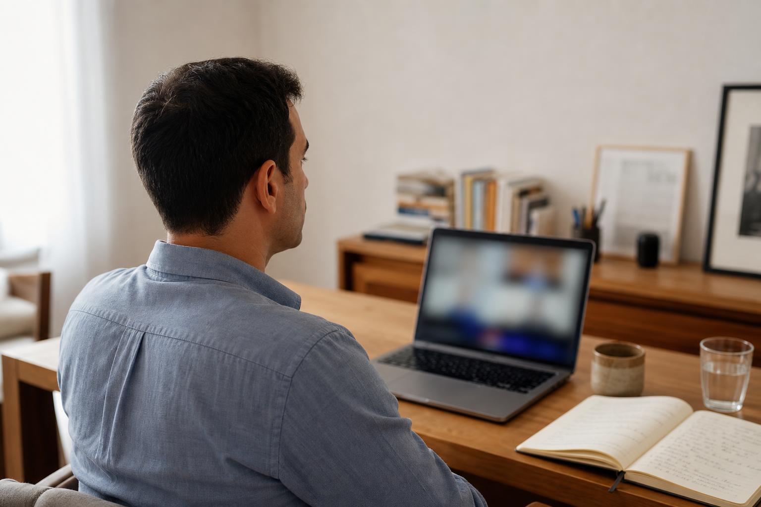 Profissional participa de uma entrevista por videochamada.